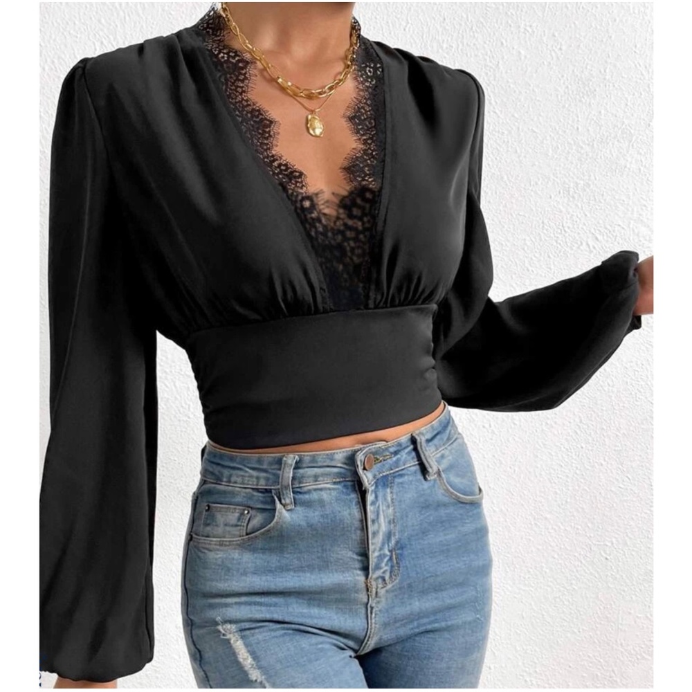 Plunging Neck Lace Bishop Long Sleeve Lace Cropped top - Picture 7 of 10
